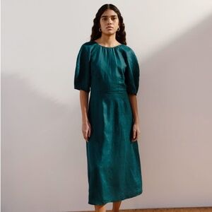 Everlane The Linen Short-Sleeve Scoop Midi Dress, Dark Sea (Teal), Women 0 NWT